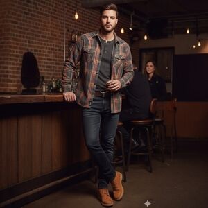 Rock & Republic Men's Plaid Flannel Western Shirt -‎ Size L - Gray/Red/Tan